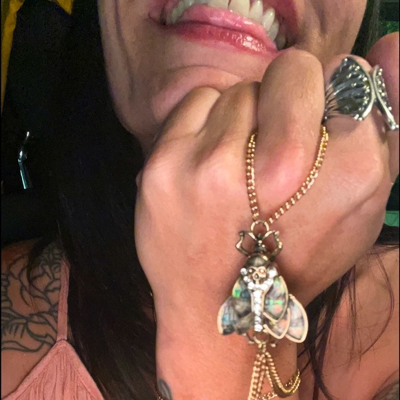 Gold & Abalone Iridescent Skull Moth Statement Hand Chain - Picture 8 of 14